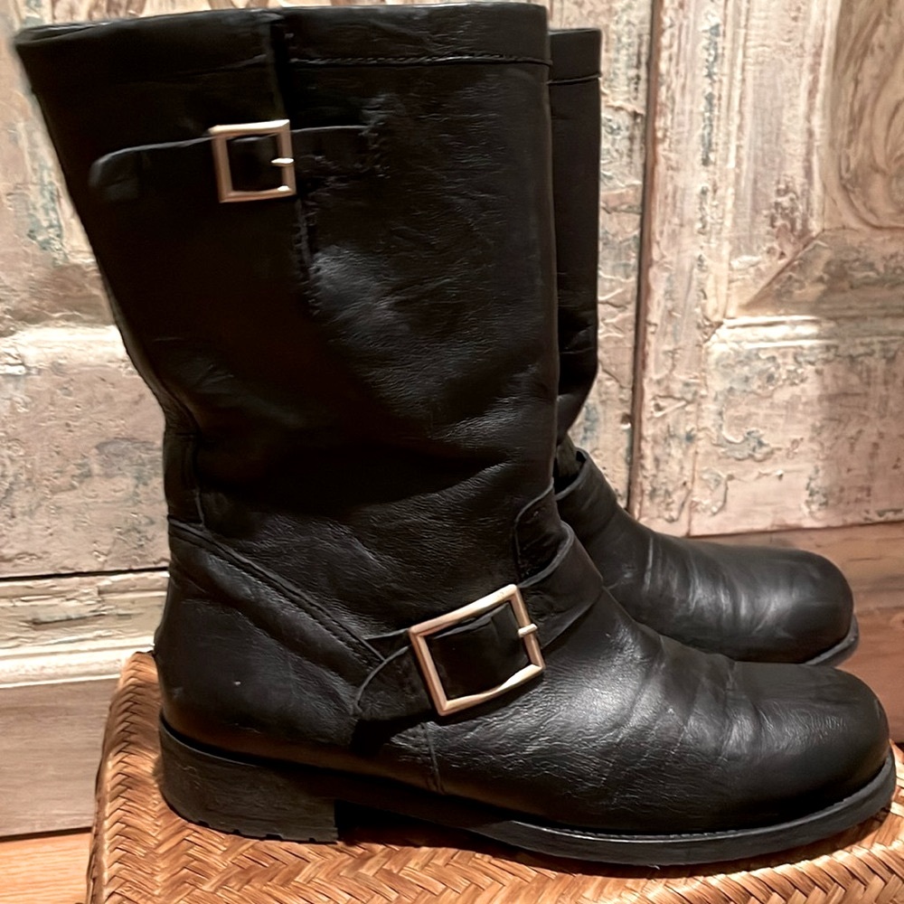 EUC Jimmy Choo Biker Boot, Mid Calf, Gold Hardware  /42/12/